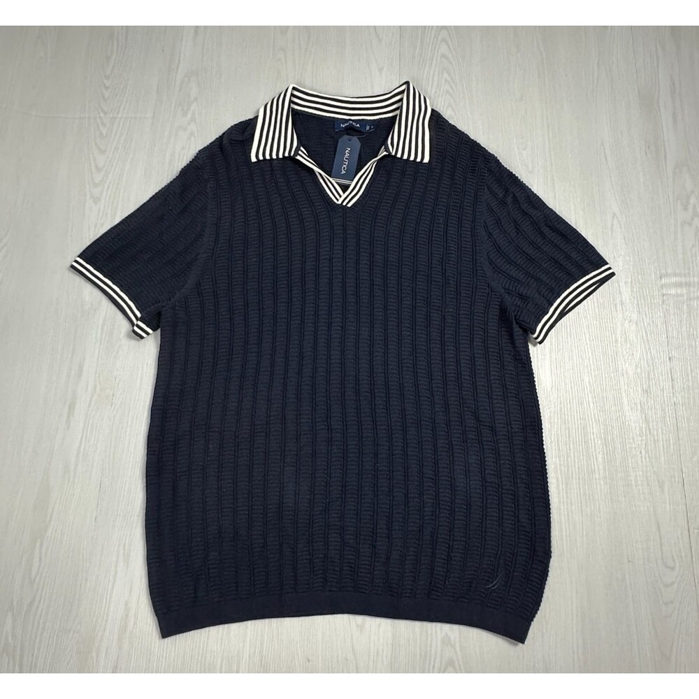 Nautica Mens Size XL Cable Knit Polo Sweater Shirt Short Sleeve Navy Blue NWT